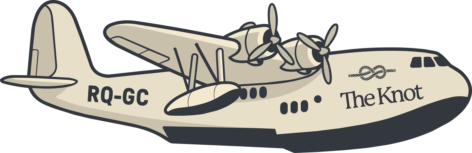 A 1930s flying boat illustrated in Cream and Ink, carrying the registration RQ-GC on the tail and the knot mark with The Knot wordmark along the fuselage