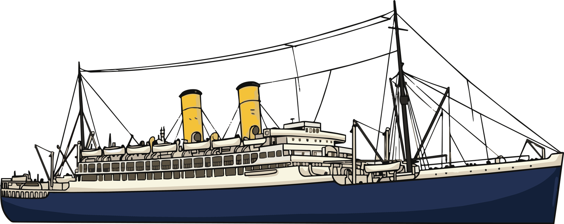 A vintage two-funnel ocean liner illustrated with a navy hull, cream superstructure and two yellow black-capped funnels