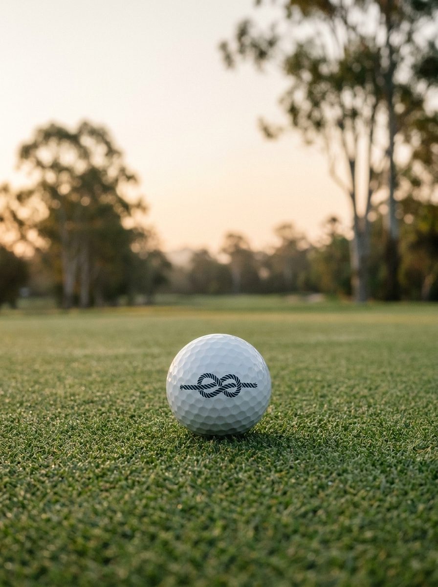 A golf ball on a mown green at dusk carrying the figure-eight knot in Ink