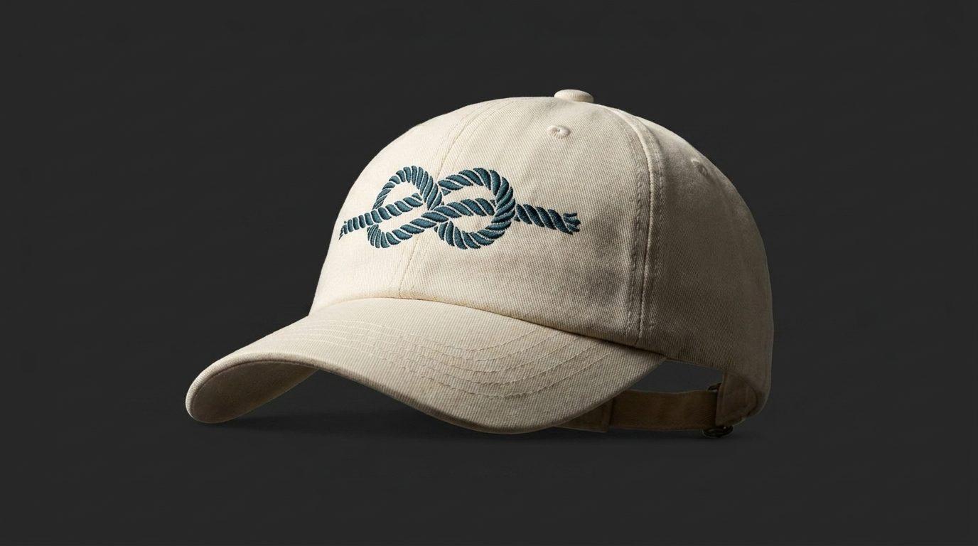 A cream cotton cap with the figure-eight knot embroidered in deep petrol thread