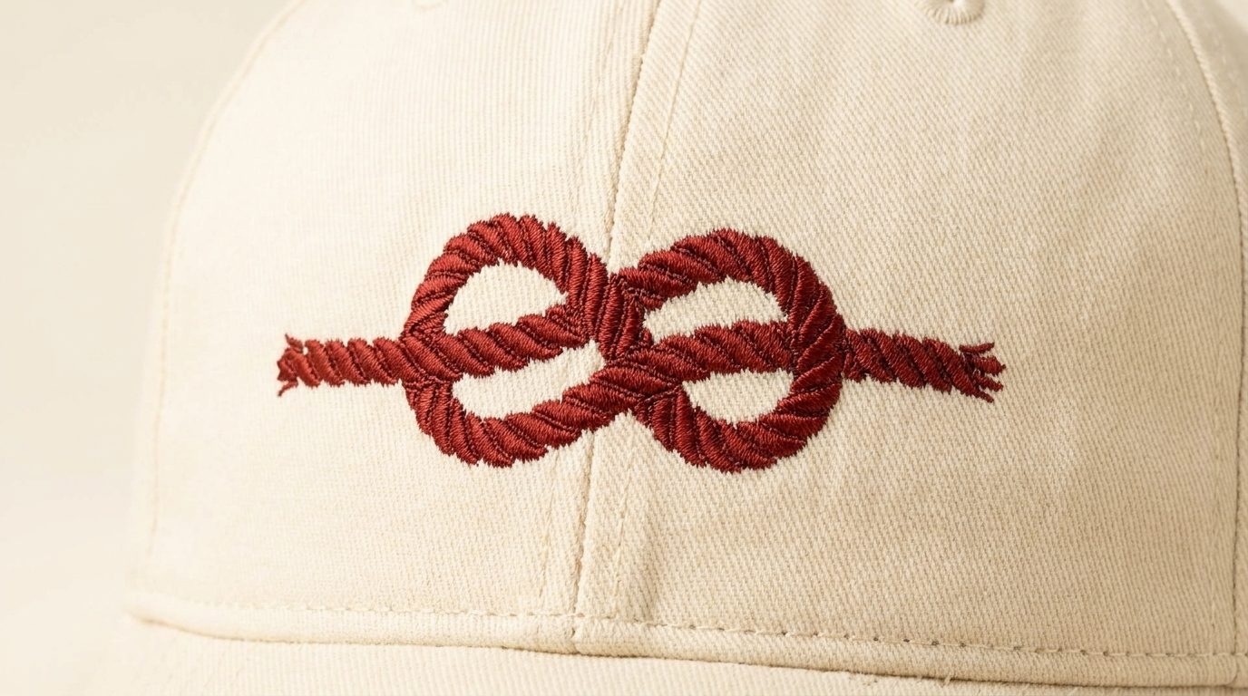 The figure-eight knot embroidered in red thread on cream cotton twill, shown close