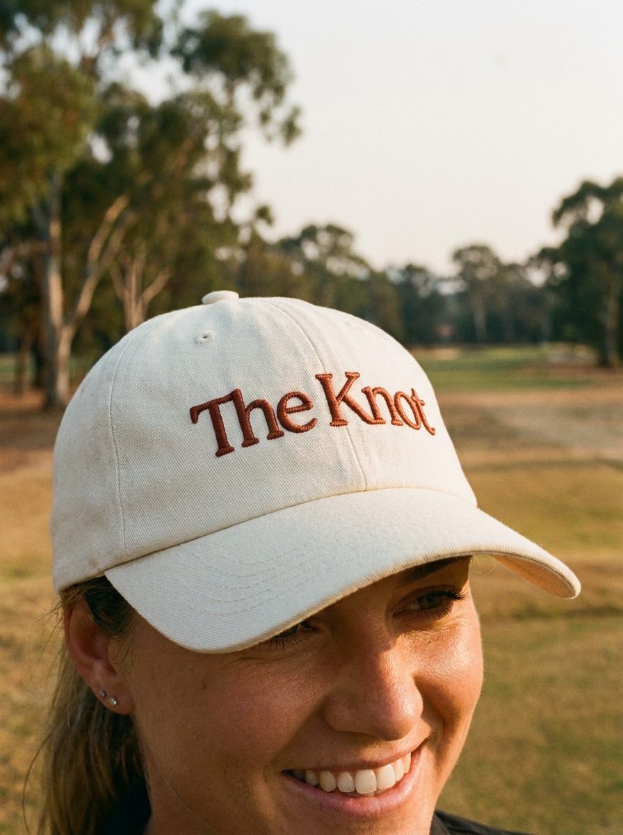 A golfer wearing a cream cap with The Knot embroidered across the front in rust-red thread