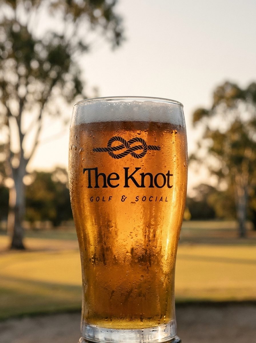 A cold beer in a branded glass on the course at dusk, carrying the full primary lockup in Ink
