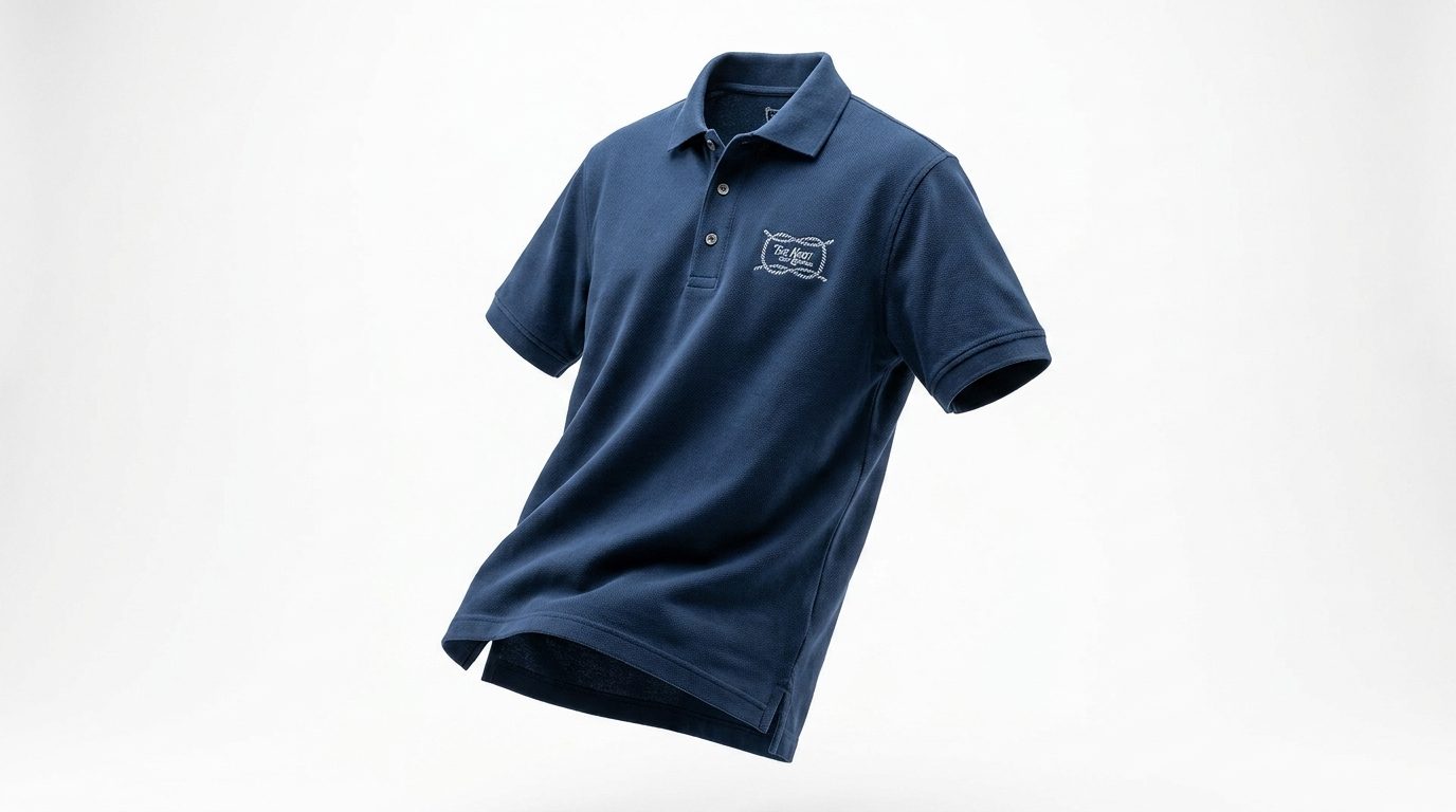 A navy polo shirt with the rope-framed badge lockup embroidered on the chest in cream
