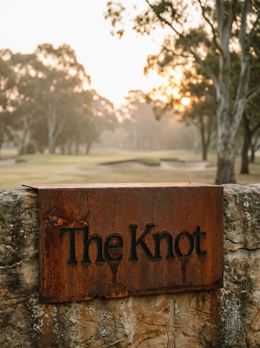 A weathered corten steel sign on a sandstone wall with The Knot cut through the plate, the course behind it at sunrise