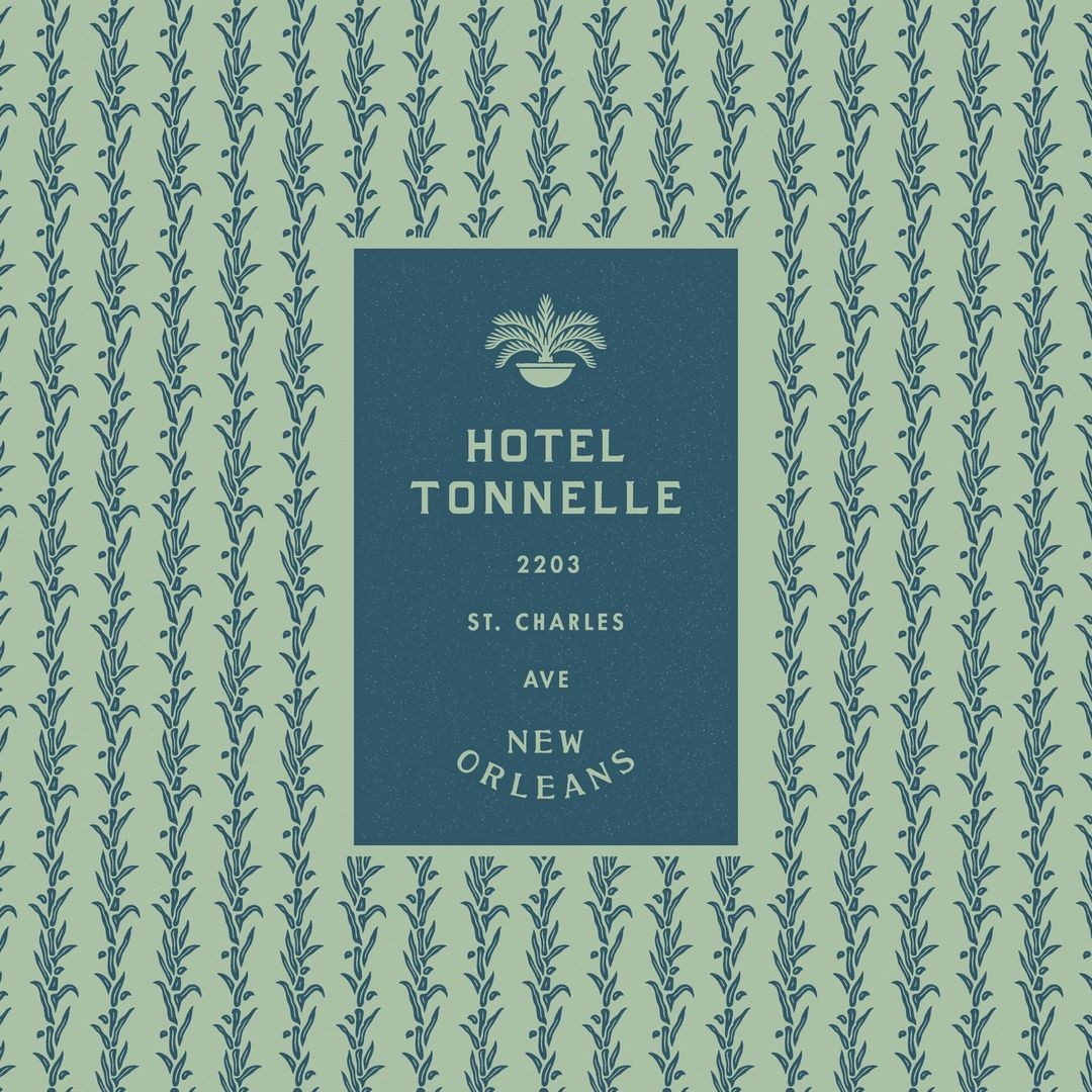 Hotel Tonnelle apothecary-style card with palm motif