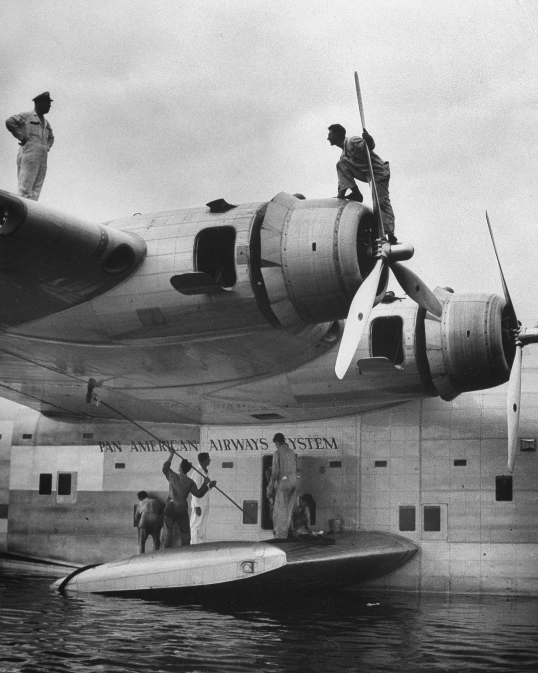 Crew working on a Pan American seaplane