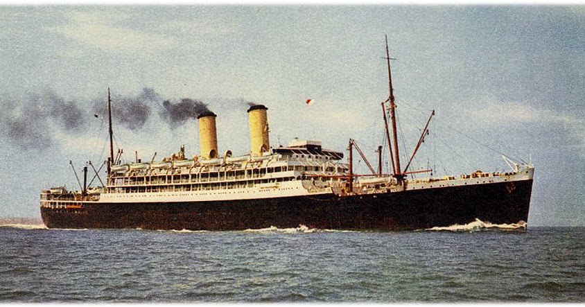 Postcard image of the Orient Line's RMS Orontes, two corn-yellow funnels with black tops