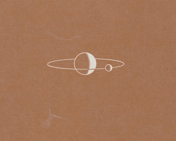 Single planet line drawing on terracotta cloth ground