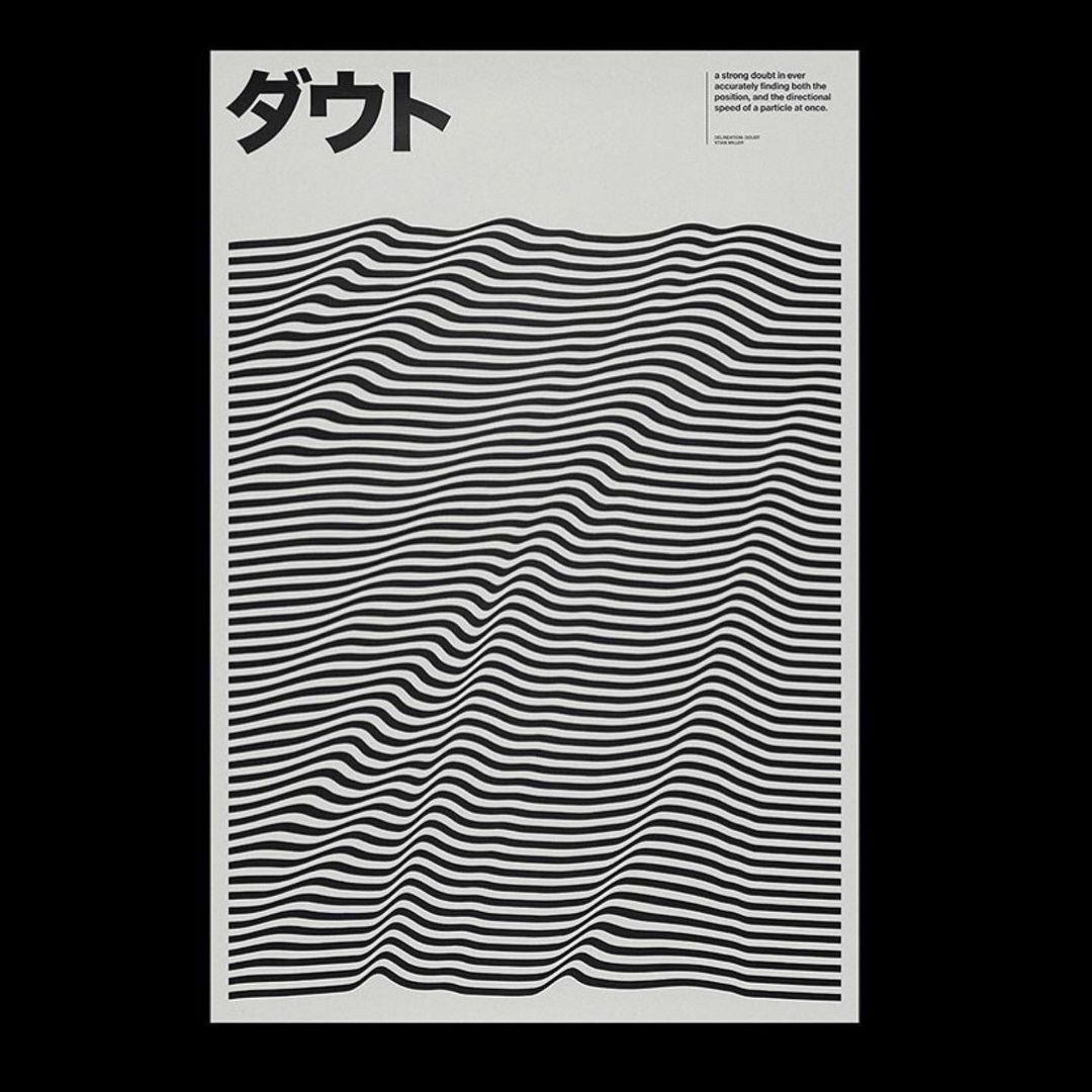 Japanese poster with undulating wave-pattern and katakana headline
