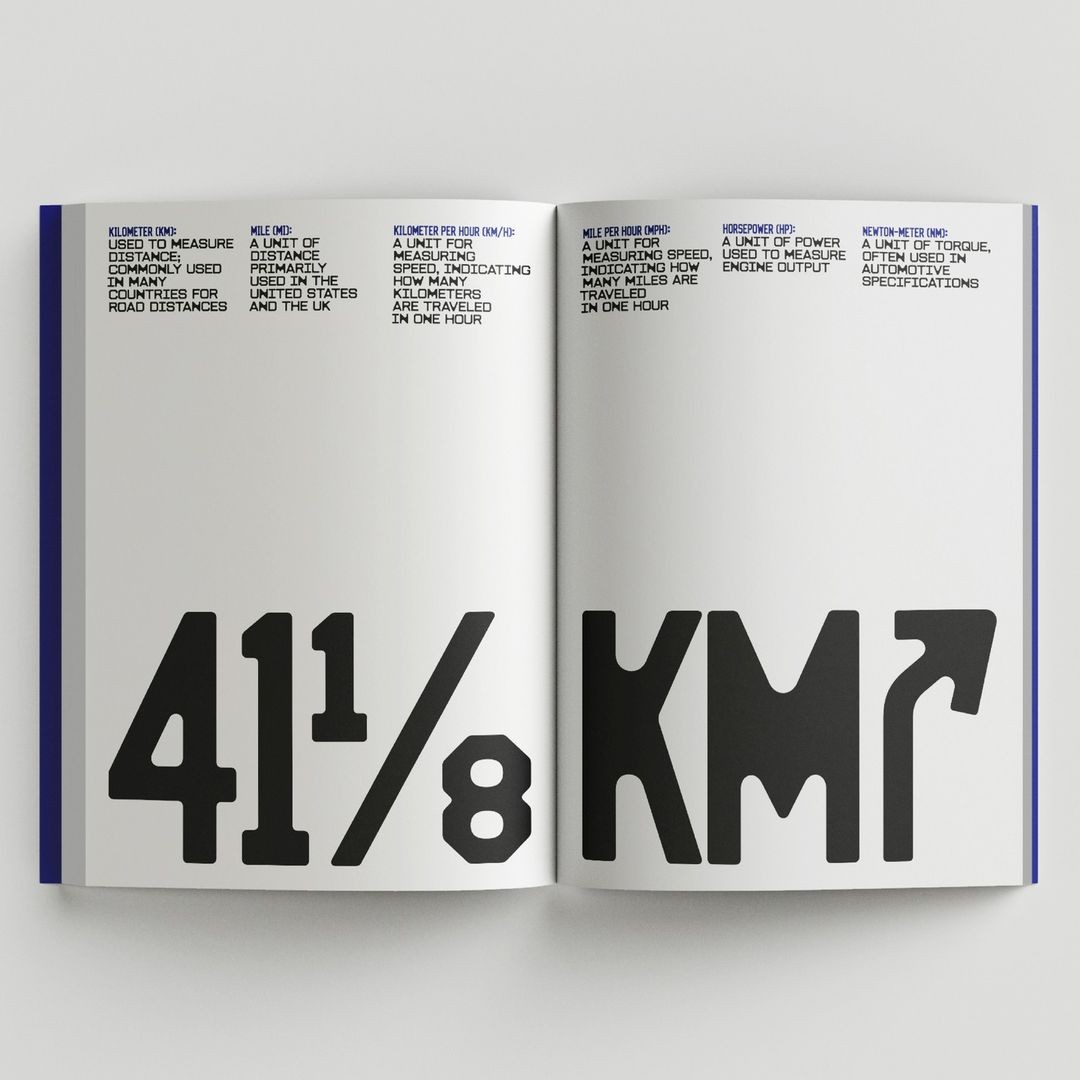 Book spread on units of measurement with huge sans-serif figures and dense labels