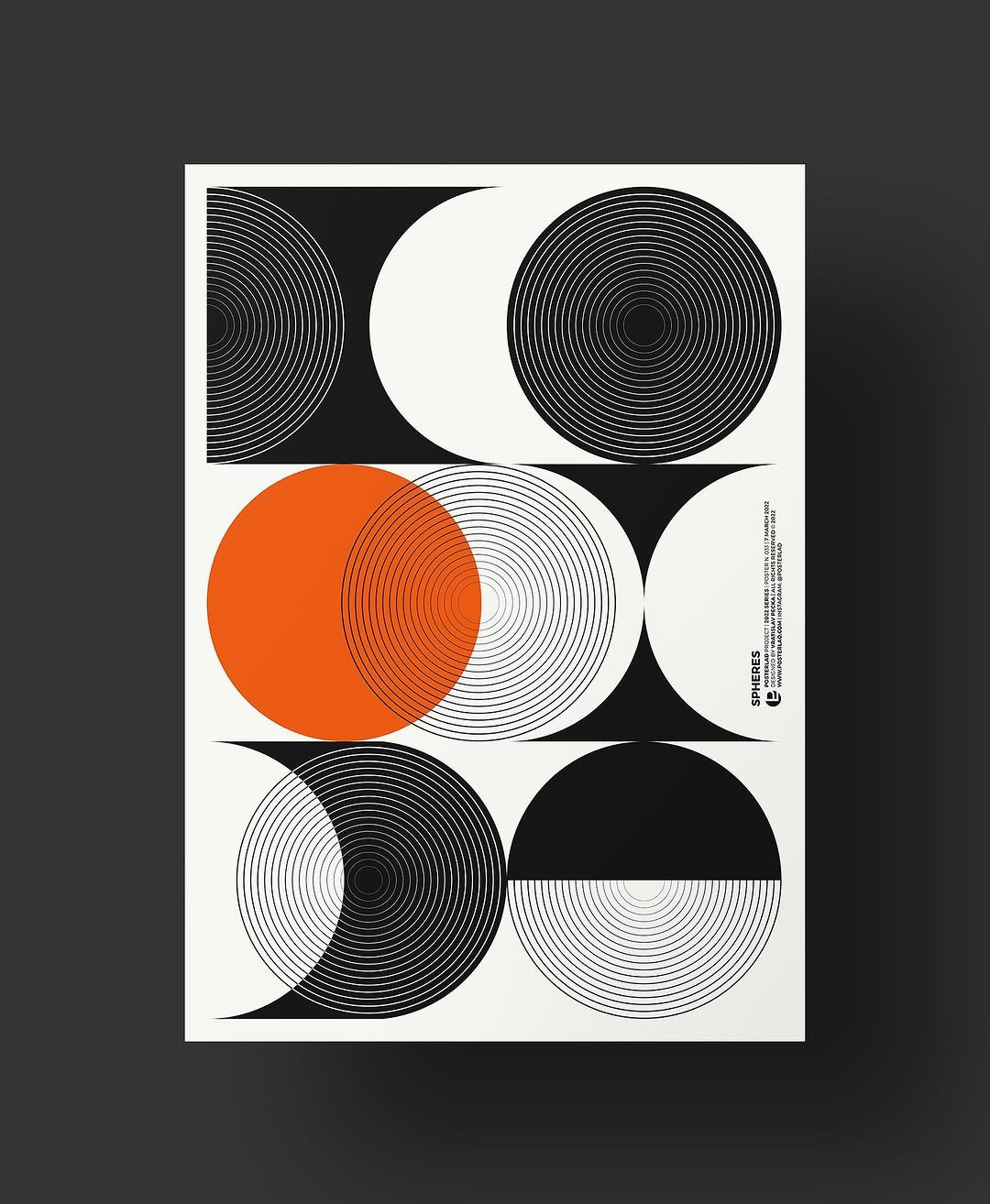 Spheres poster with concentric circles, orange and black on cream