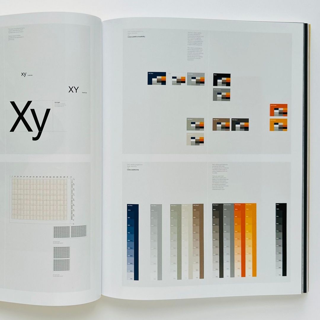 RAC brand book spread showing typography and a structured colour palette