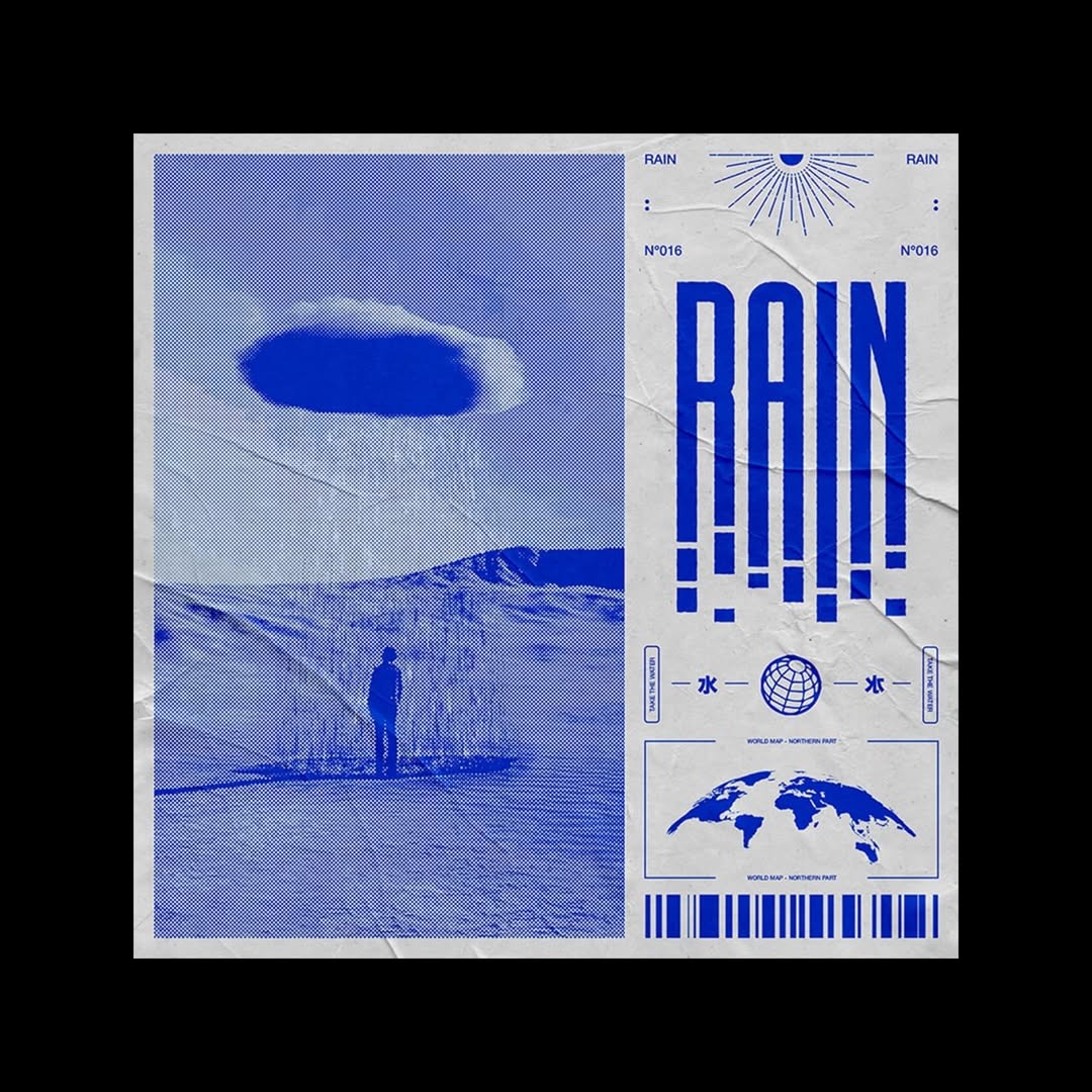 Duotone blue RAIN poster with halftone photograph and ticket-style metadata