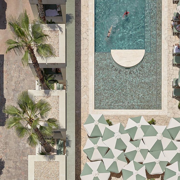 Aerial view of the Calile Hotel Brisbane pool and umbrellas