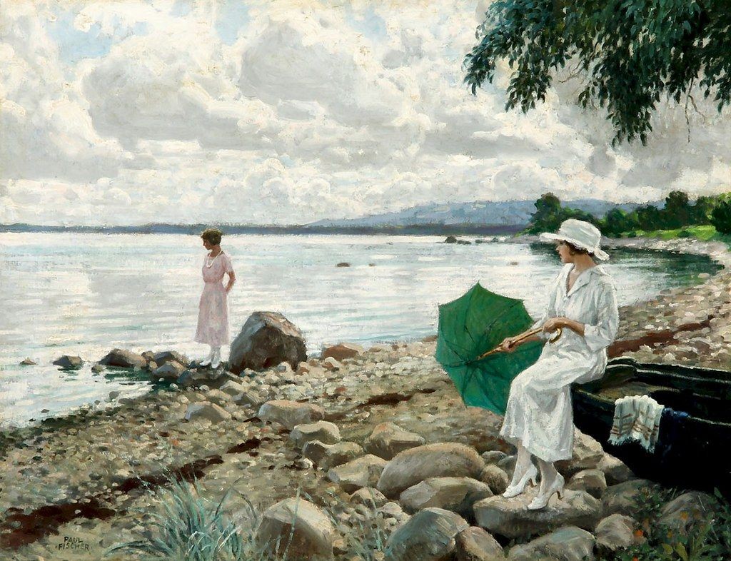 Paul Fischer-style oil painting of women in white on a riverbank with green parasol