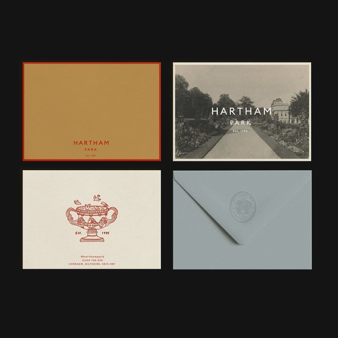 Hartham Park estate identity, terracotta and dusty blue, embossed seal